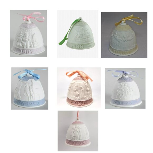 Lladro NIB VINTAGE Set of 7 Porcelain Christmas Bells, 1987 thru 1996, 3"Hx3"W - Picture 1 of 8
